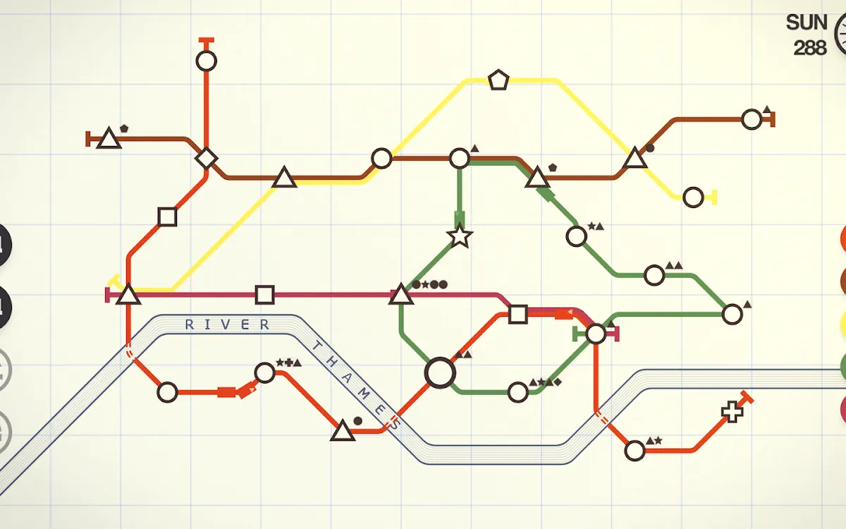 Mini Metro gameplay screenshot: a minimal transit map of red, yellow, brown and green lines crossing the River Thames
