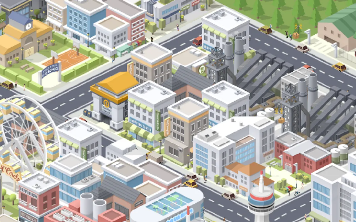 Pocket City gameplay screenshot: a dense isometric downtown with a shopping centre, ferris wheel and industrial zone