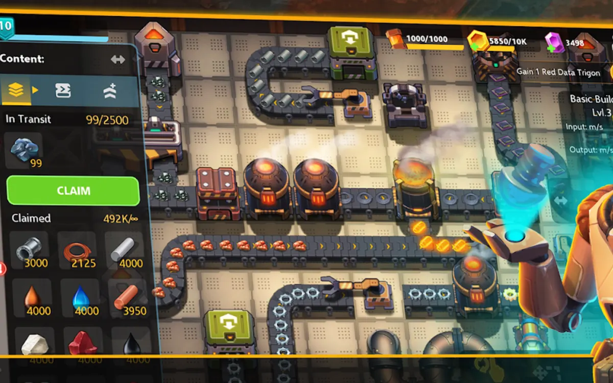 Sandship gameplay screenshot: a factory floor of conveyor belts and smelters routing ore, with the inventory panel open