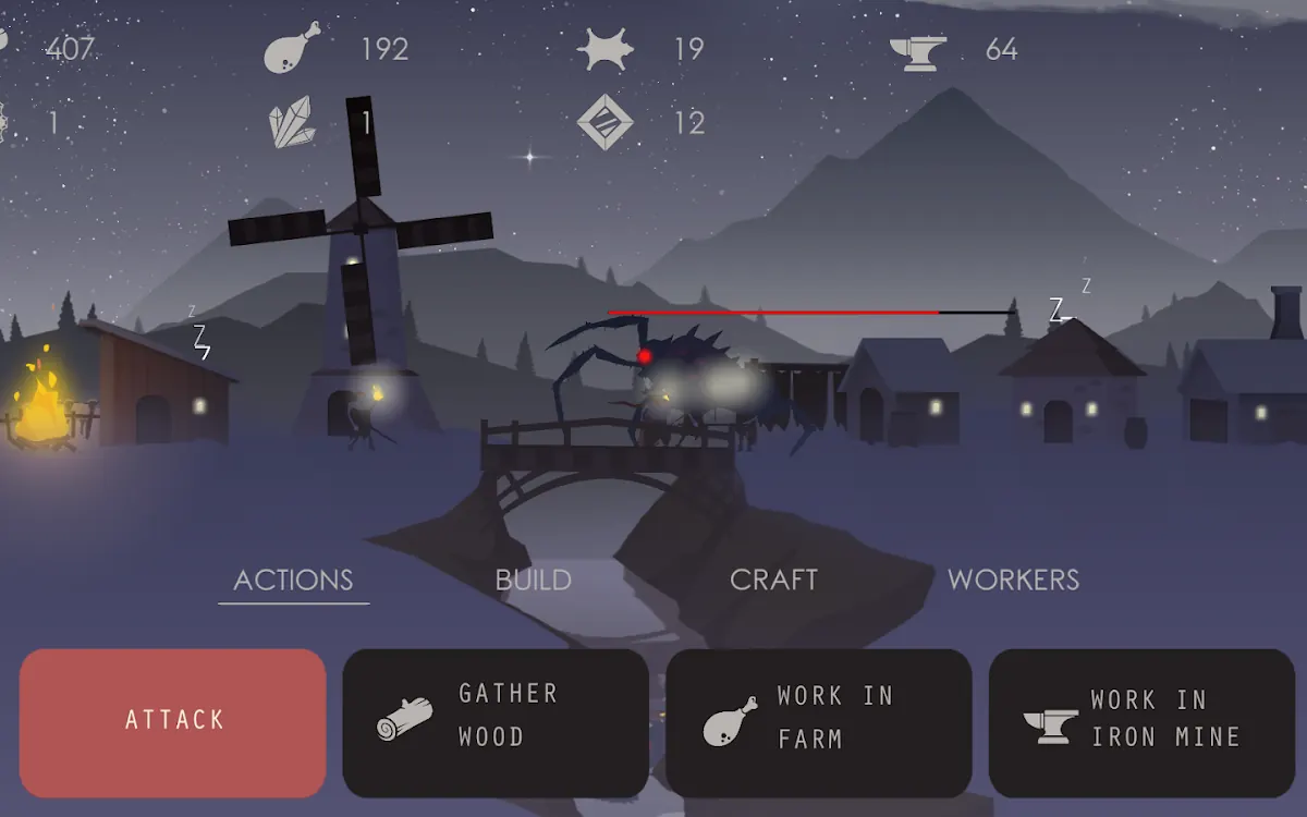 The Bonfire gameplay screenshot: a night-time settlement under a starry sky with a spider attacking and the Actions menu open