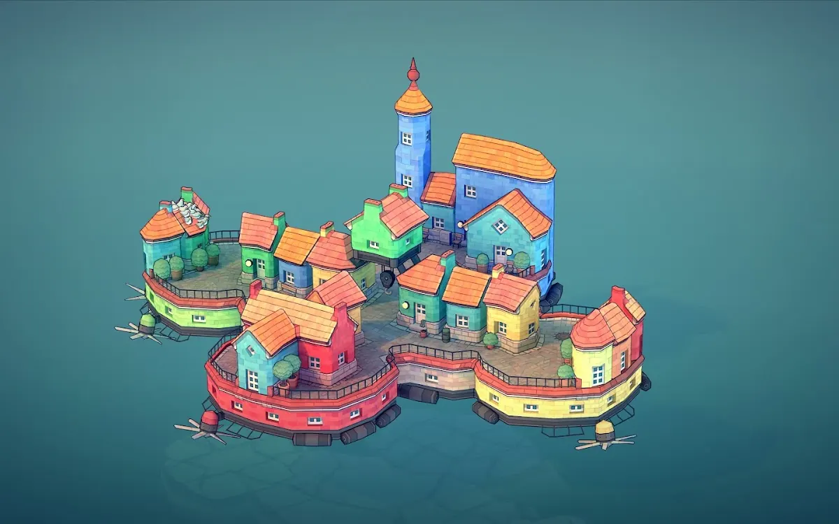 Townscaper gameplay screenshot: a small island town of red, blue and green houses with a spire, floating on calm teal water